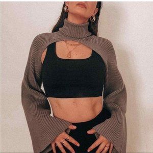 ZARA Ribbed Knit Long Sleeve Arm Warmer Shurg Bolero Turtleneck Sweater M Grey